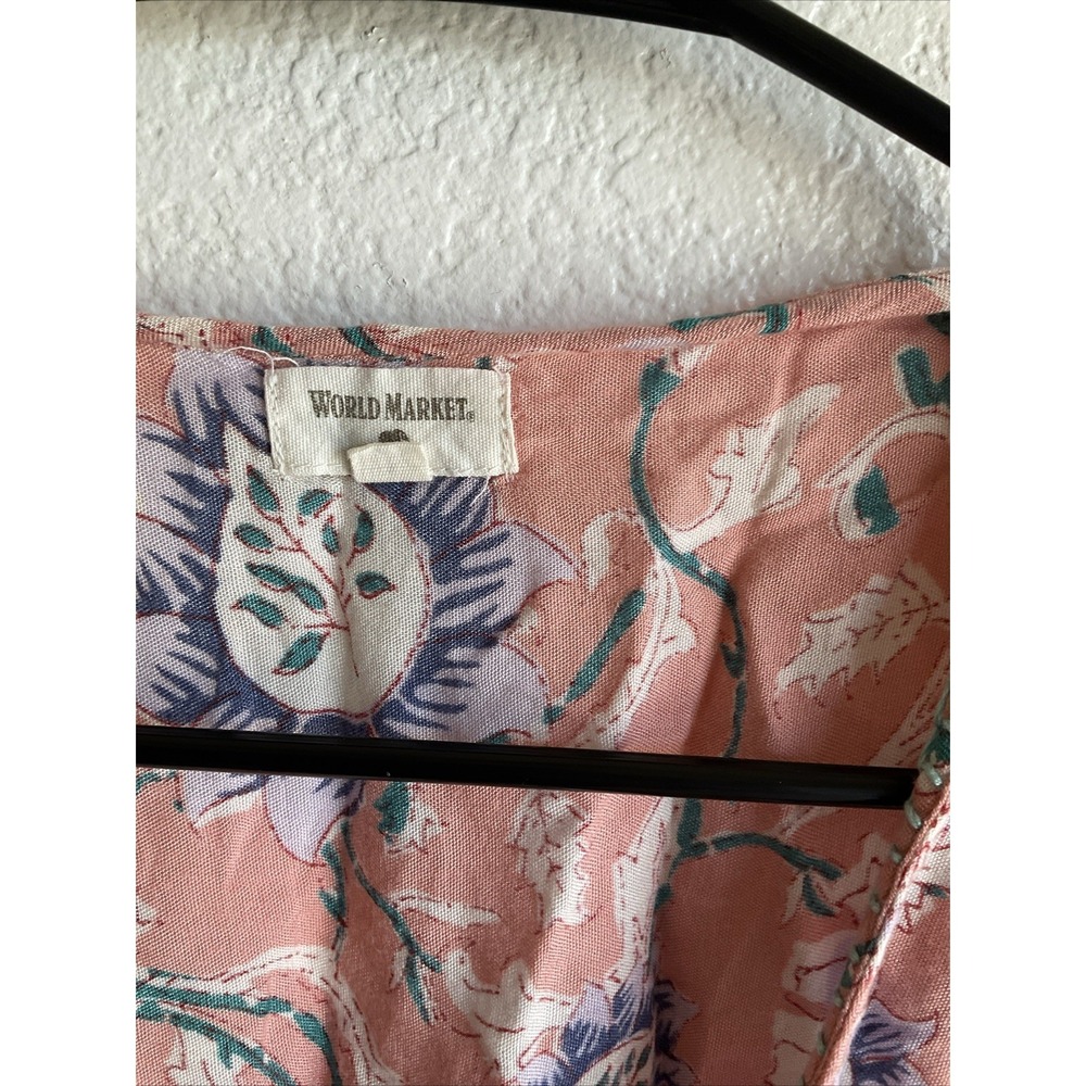 World Market Pink Floral Boho Maxi Dress L/XL Viscose Tassel Kaftan Festival - Picture 2 of 8
